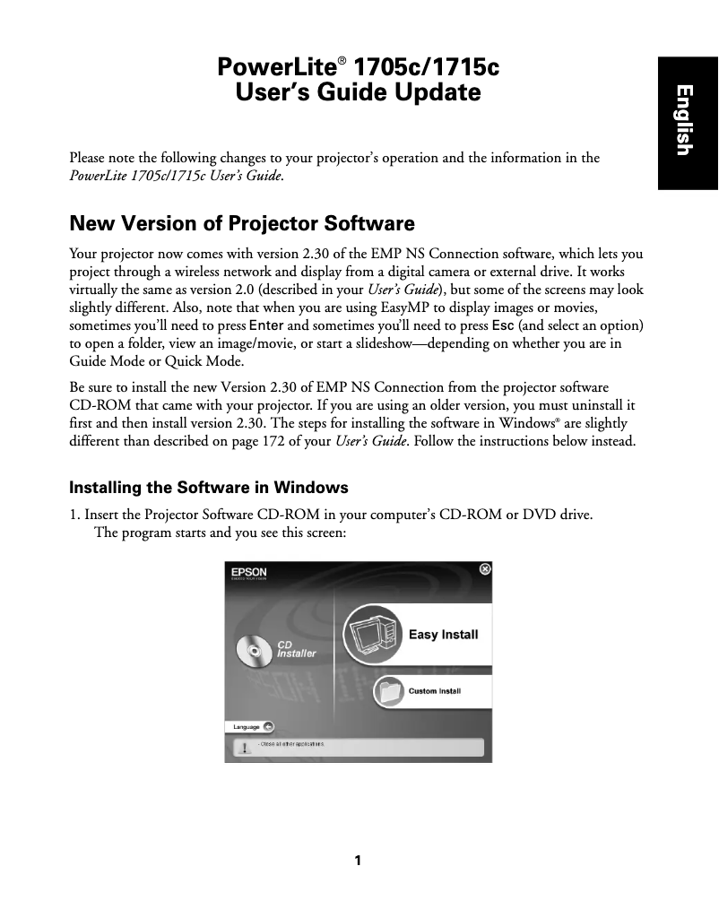 Imagen de la primera página del manual del dispositivo PowerLite 1715c