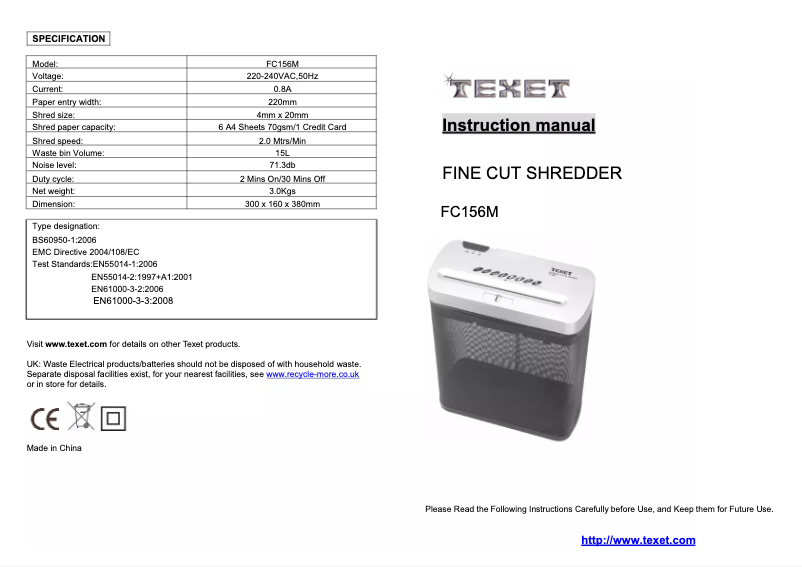 Page n°1 - Manuel utilisateur Texet FC156M