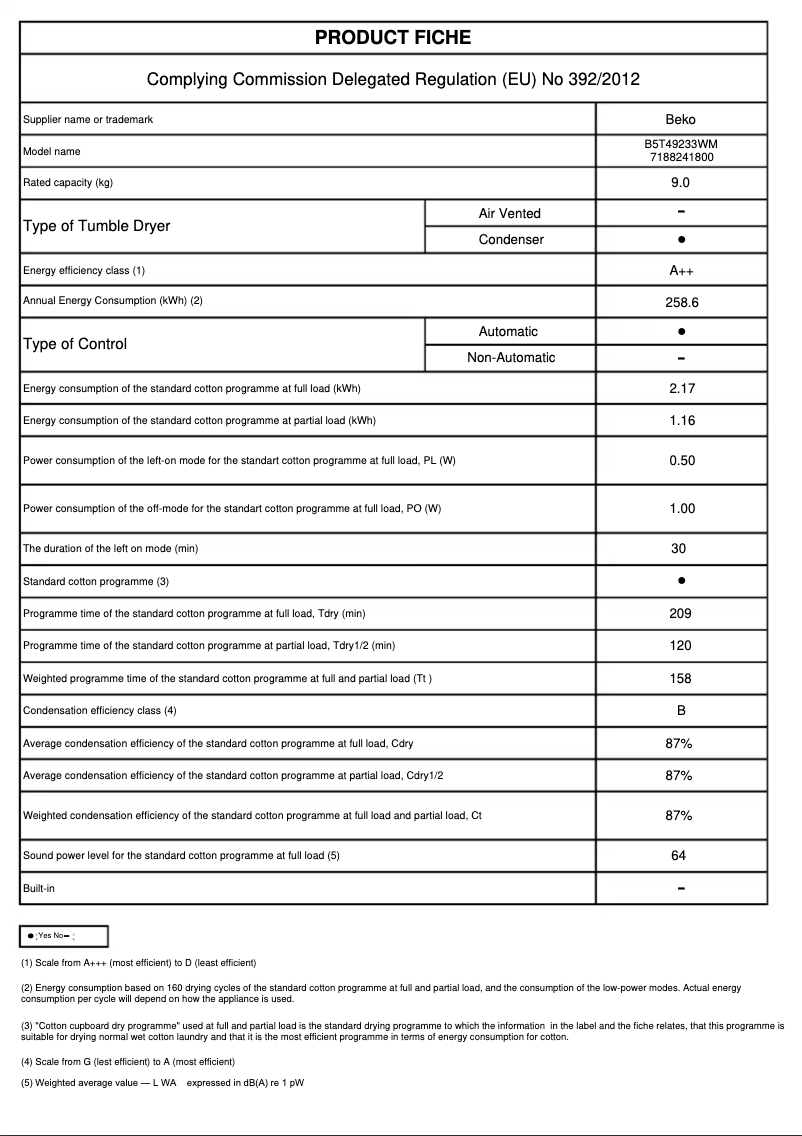 Page 1 de la notice Fiche technique Beko B5T49233WM