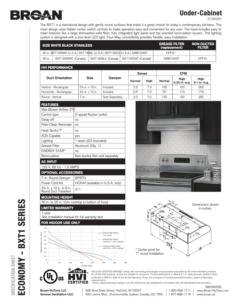 Page 1 de la notice Fiche technique Broan BXT130WW