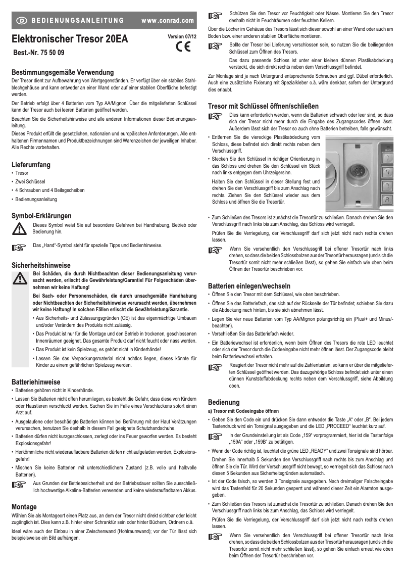 Image de la première page du manuel de l'appareil Electronic safe 20EA