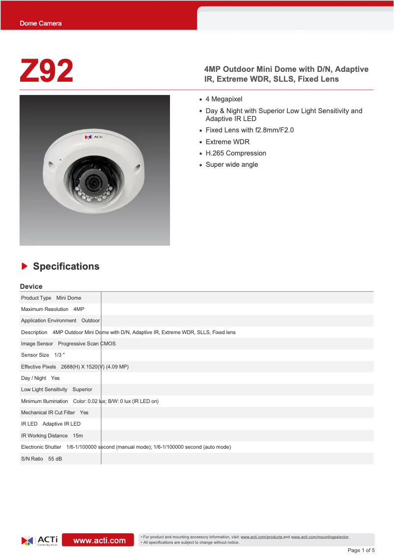 Page n°1 - Fiche technique ACTi Z92