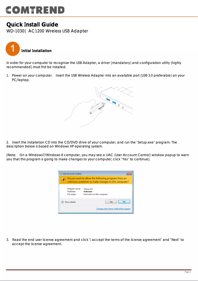 Page 1 de la notice Manuel utilisateur Comtrend WD-1030