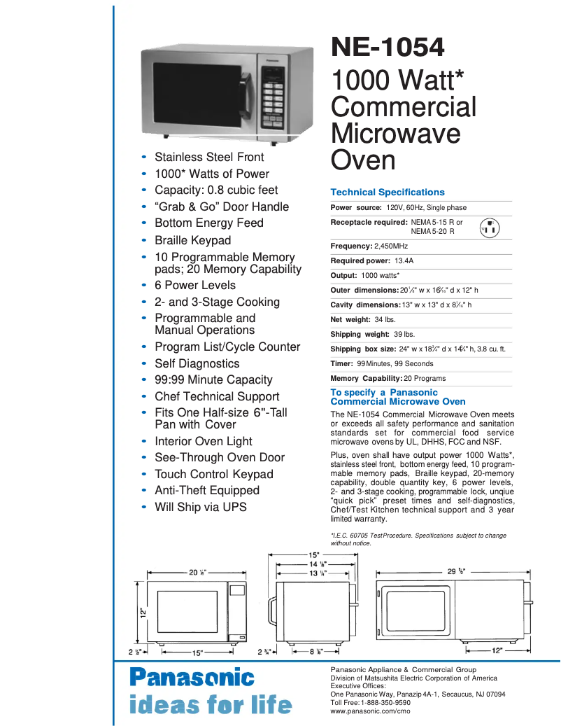 Page 1 de la notice Fiche technique Panasonic NE-1054F