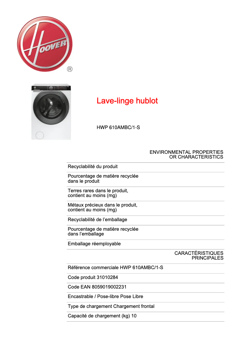 Page n°1 - Fiche technique Hoover HWP 610AMBC/1-S