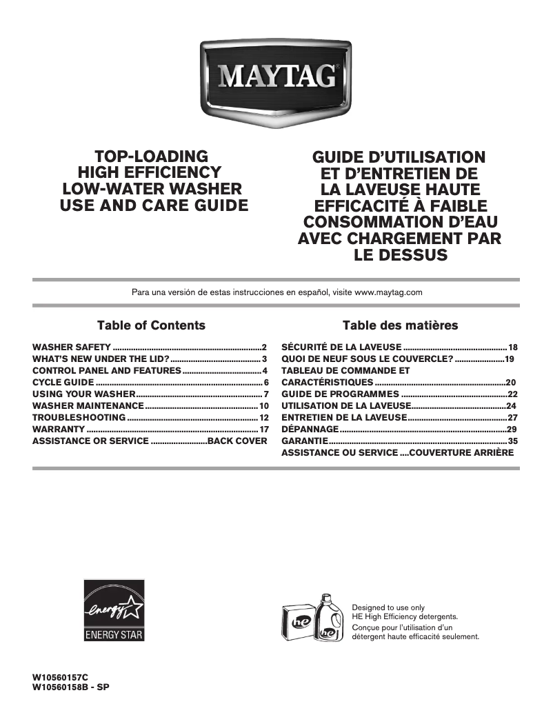 Page 1 de la notice Manuel utilisateur Maytag MVWX600BW Bravos