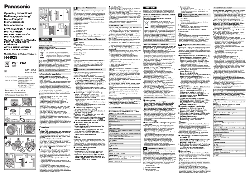 Page 1 de la notice Manuel utilisateur Panasonic H-H025