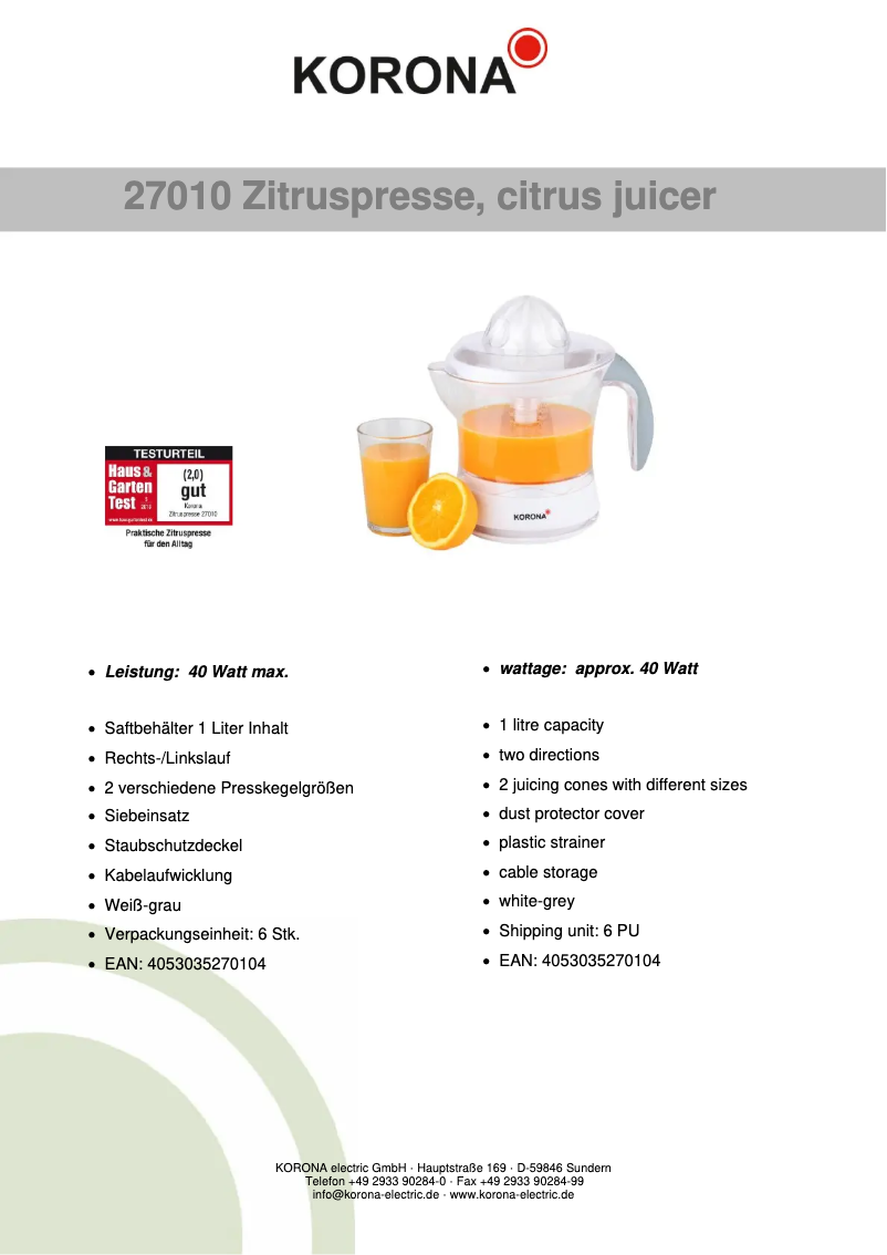 Page n°1 - Fiche technique Korona 27010