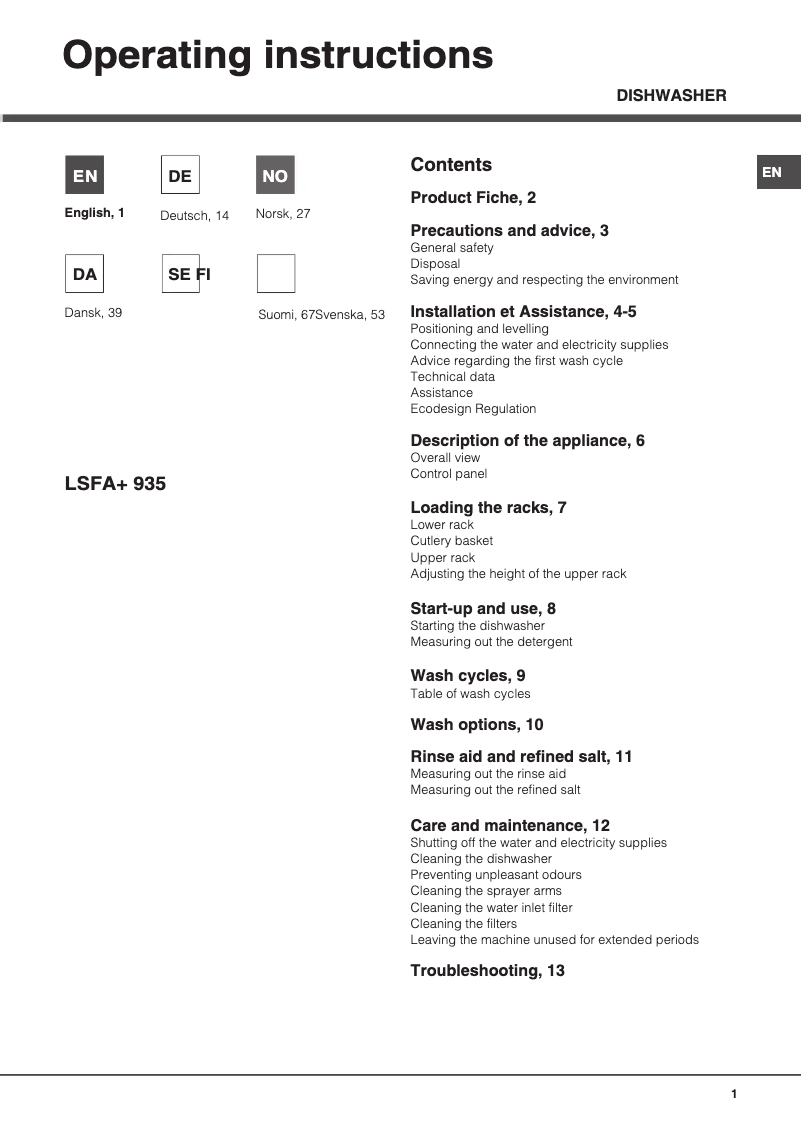 Página 1 del manual Manual de usuario Hotpoint LSFA+ 935