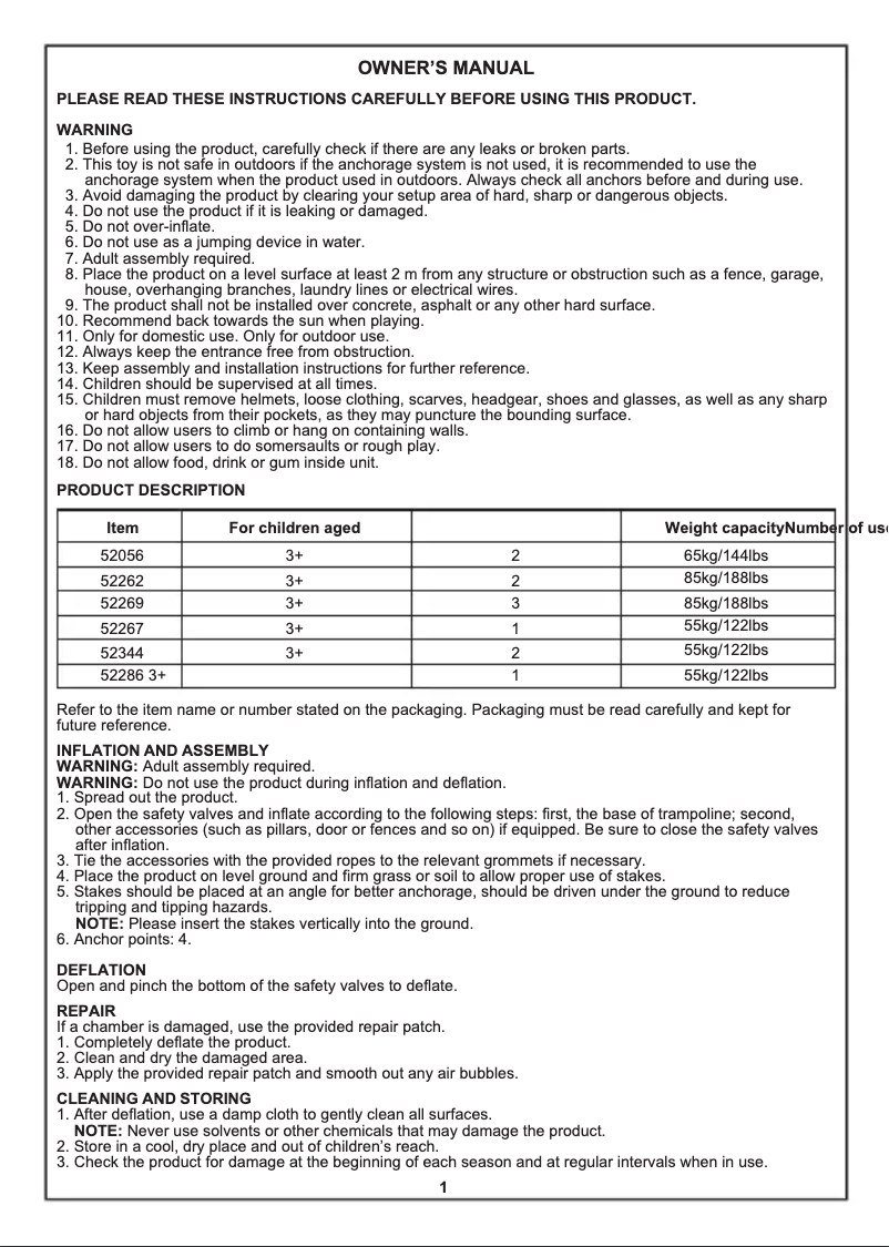 Page n°1 - Manuel utilisateur Bestway 52262