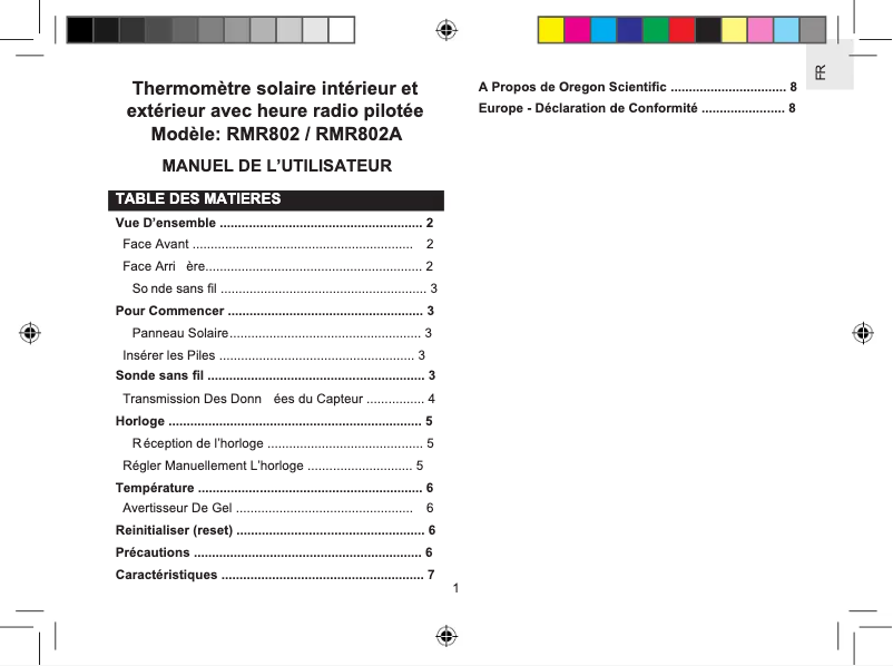 Page 1 de la notice Manuel utilisateur Oregon Scientific RMR802