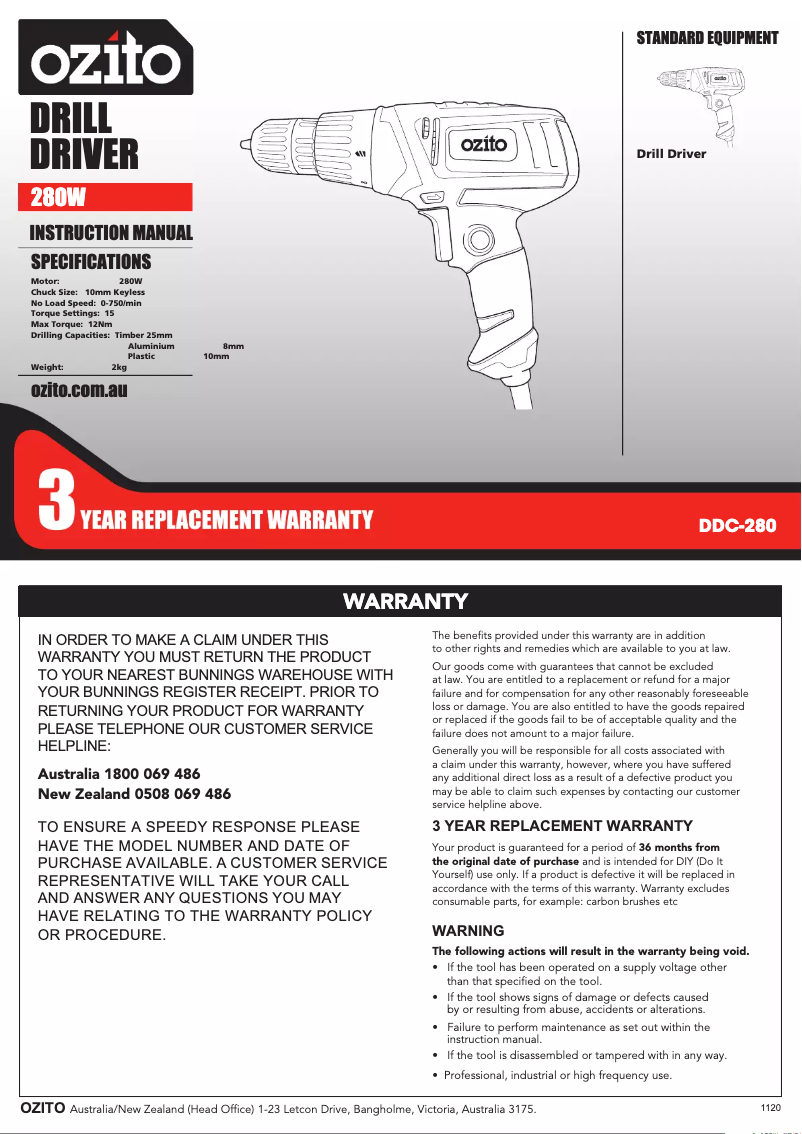 Page 1 de la notice Manuel utilisateur Ozito DDC-280