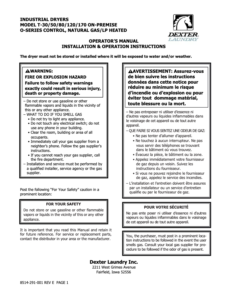 Page 1 de la notice Manuel utilisateur Dexter Laundry T-170