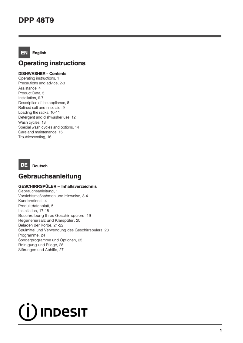 Page 1 de la notice Manuel utilisateur Indesit DPP 48T9 A NX EU