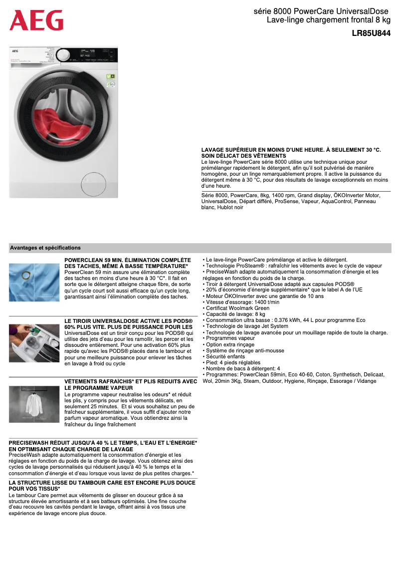 Page 1 de la notice Fiche technique AEG LR85U844
