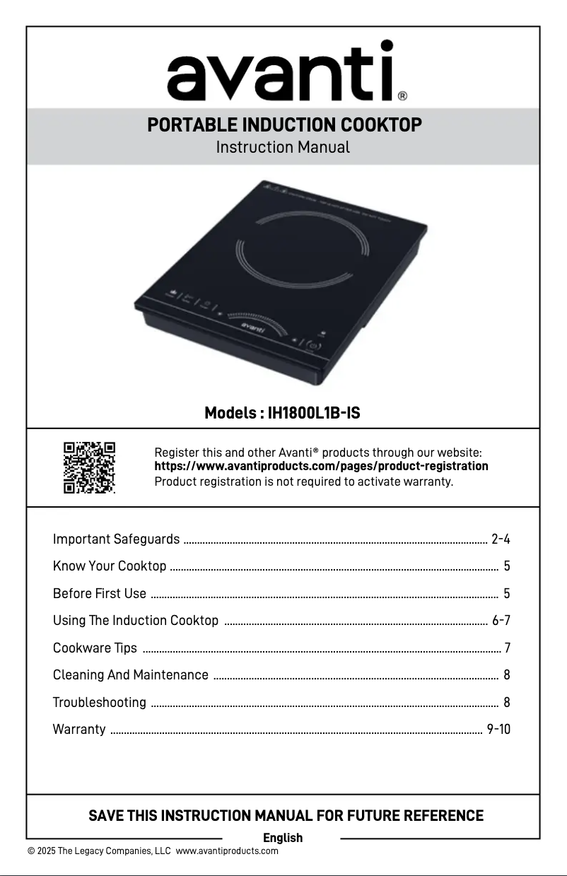 Page 1 de la notice Manuel utilisateur Avanti IH1800L1B-IS