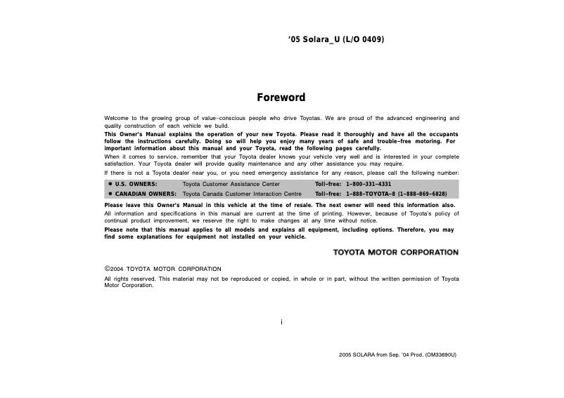 Image de la première page du manuel de l'appareil Solara (2005)