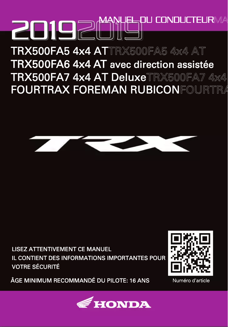 Page 1 de la notice Manuel utilisateur Honda FourTrax Foreman Rubicon TRX500FA (2019)
