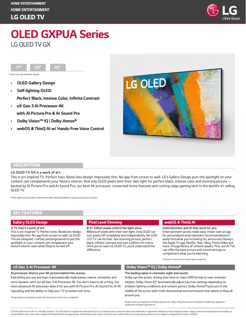 Page 1 de la notice Fiche technique LG OLED55GXPUA