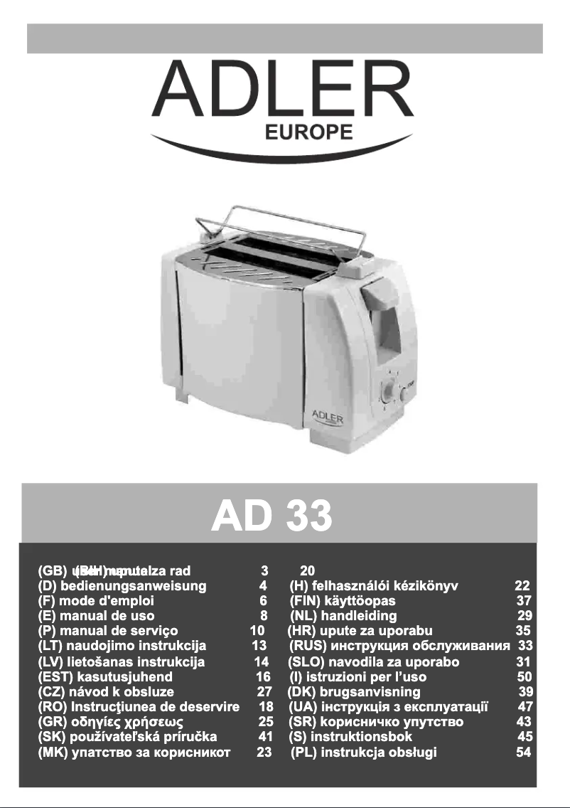 Page 1 de la notice Manuel utilisateur Adler AD 33