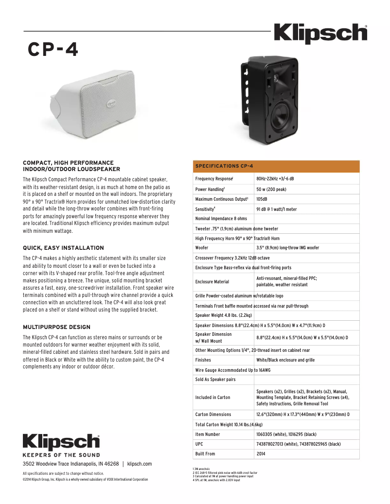 Page 1 de la notice Fiche technique Klipsch CP-4