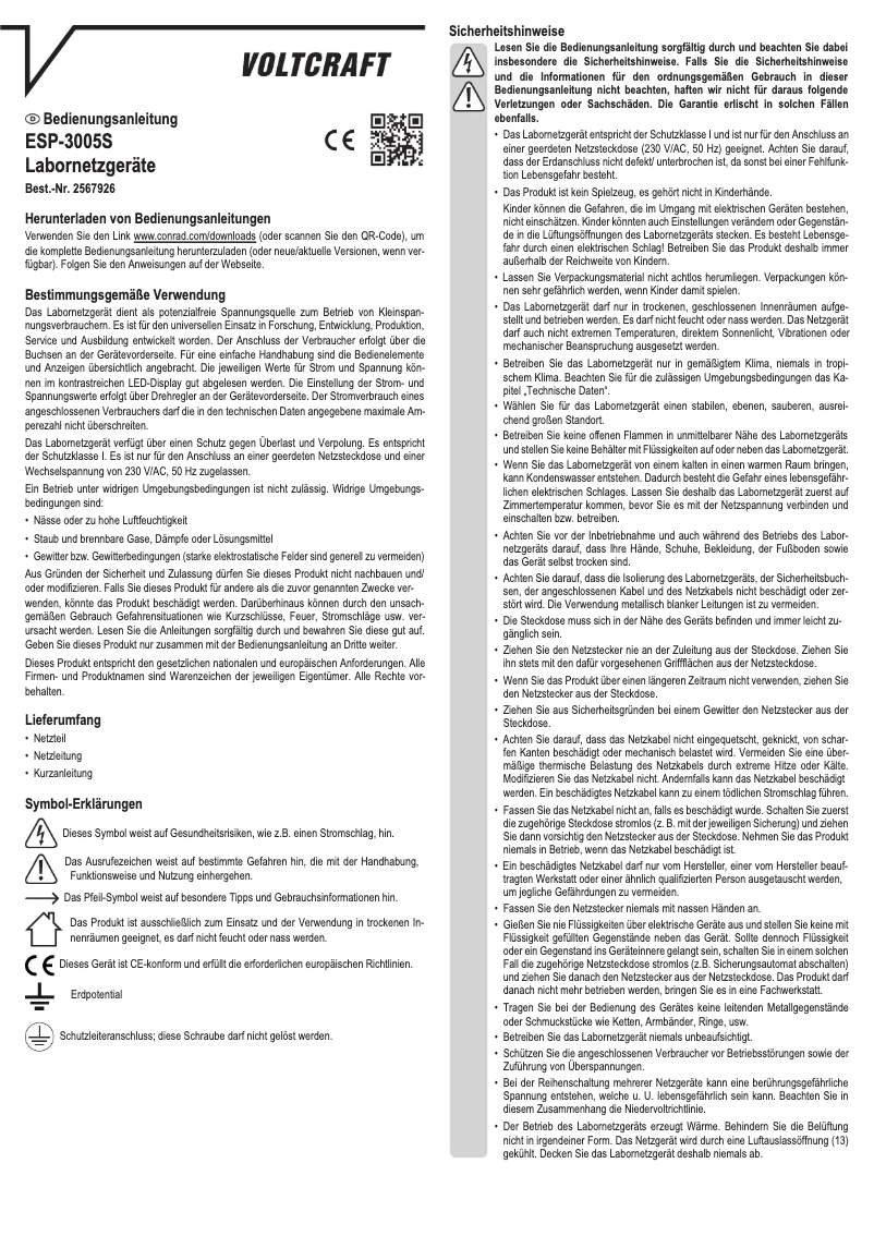 Page 1 de la notice Manuel utilisateur Voltcraft ESP-3005S