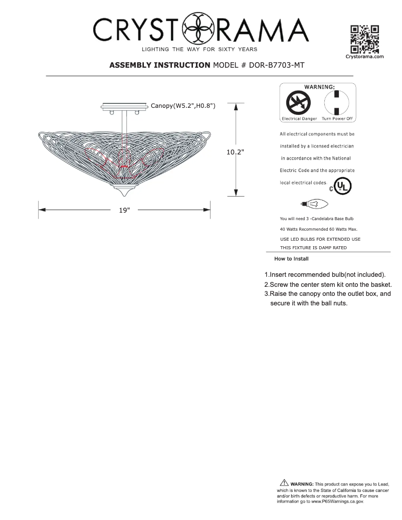 Page 1 de la notice Manuel utilisateur Crystorama Doral DOR-B7703-MT