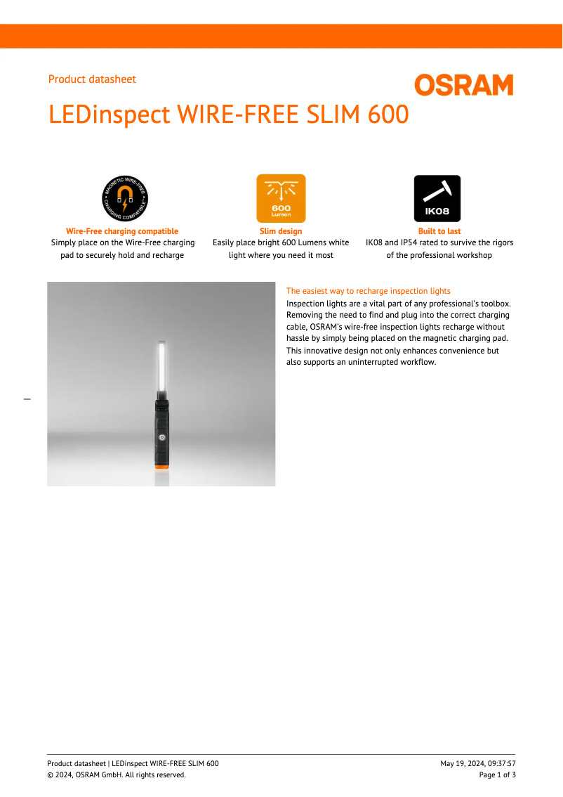 Page n°1 - Fiche technique Osram LEDinspect WIRE-FREE SLIM 600