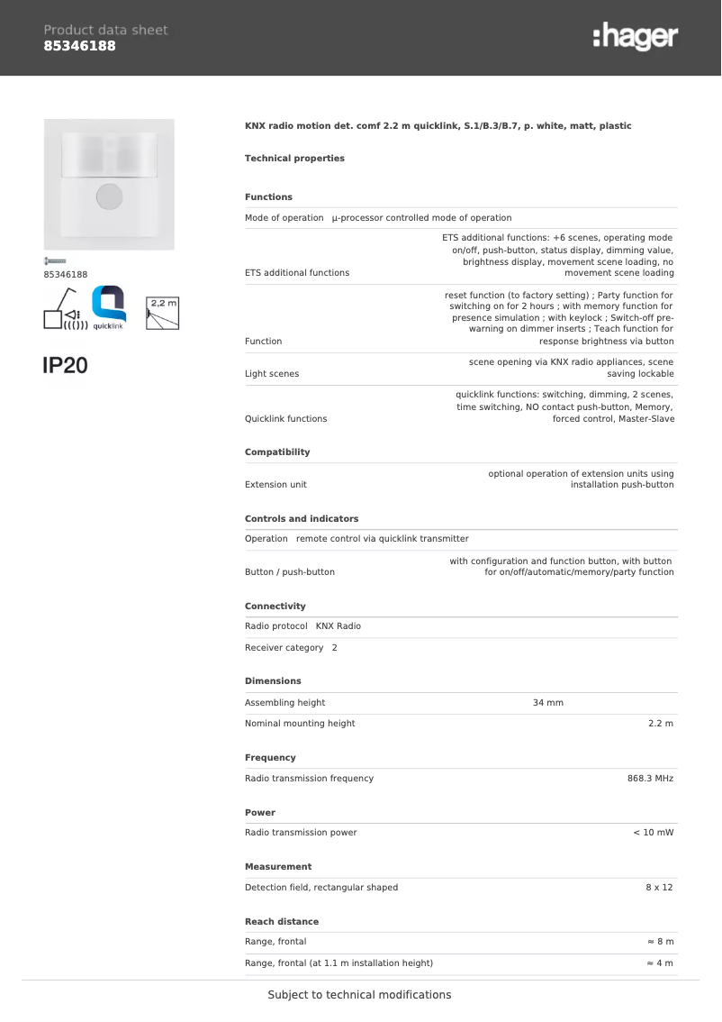 Page 1 de la notice Fiche technique Hager 85346188