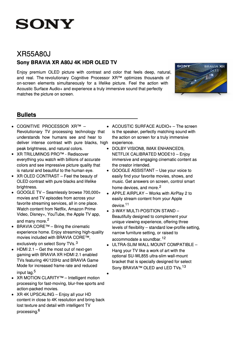 Page 1 de la notice Fiche technique Sony XR-55A80J