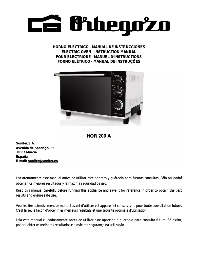 Page 1 de la notice Manuel utilisateur Orbegozo HOR 200