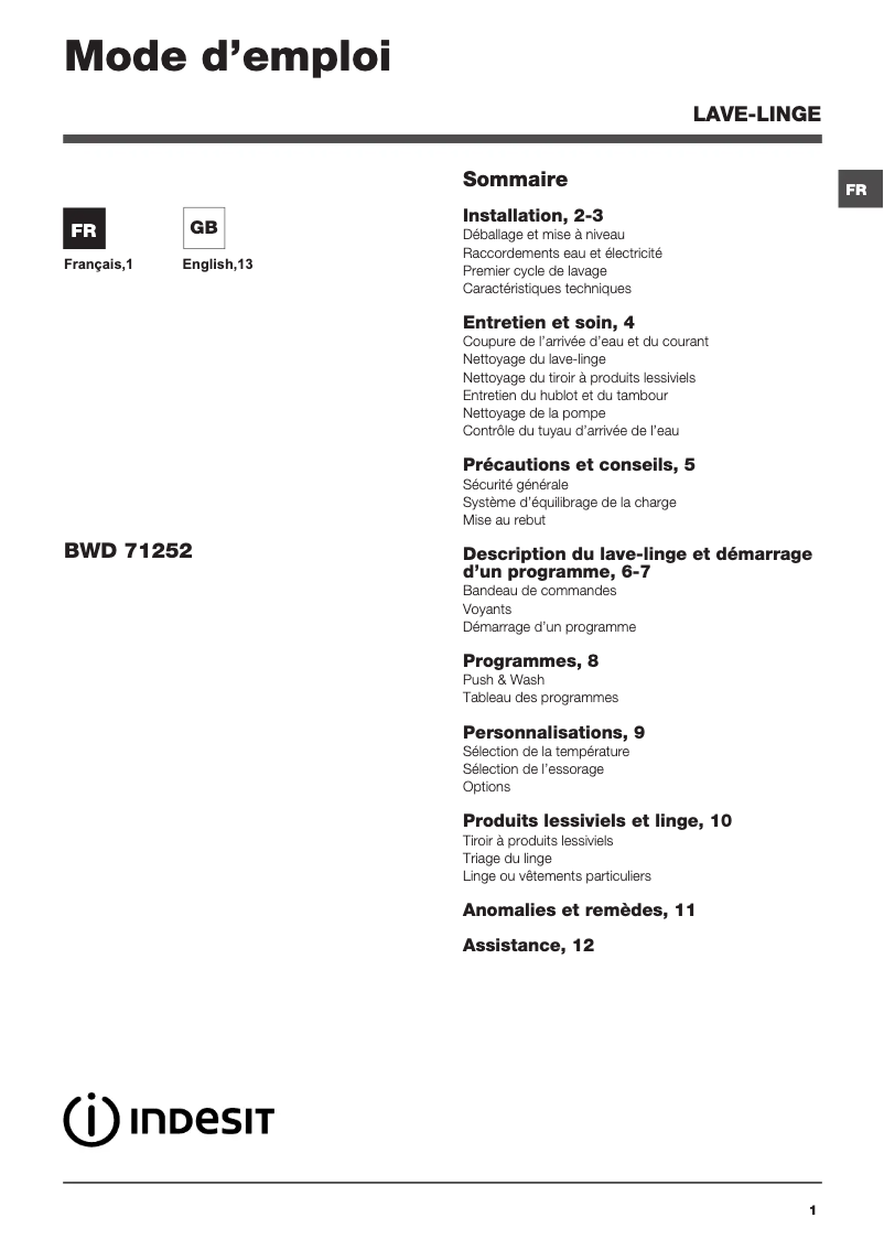 Image de la première page du manuel de l'appareil BWD 71252 W FR