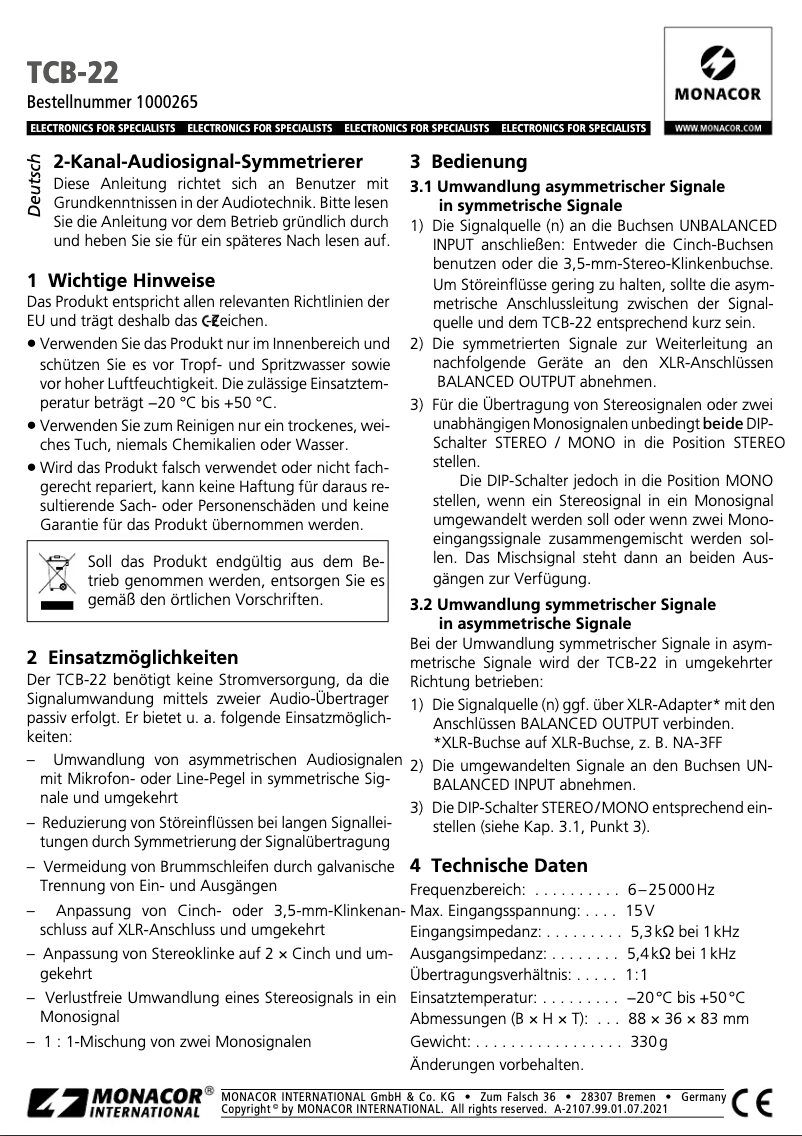 Page n°1 - Manuel utilisateur Monacor TCB-22