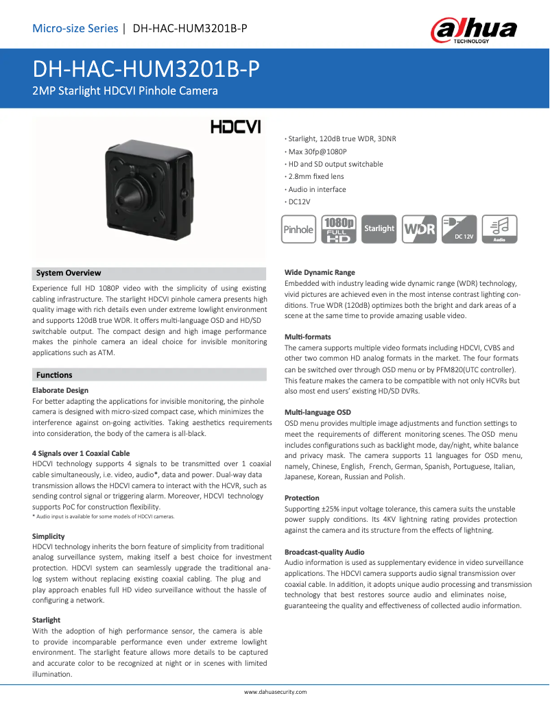 Page n°1 - Fiche technique Dahua Technology HAC-HUM3201B-P