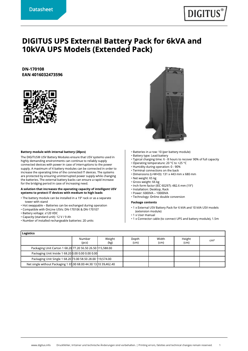 Page 1 de la notice Fiche technique Digitus DN-170108