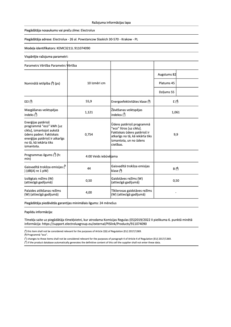Page 1 de la notice Fiche technique Electrolux KEMC3211L