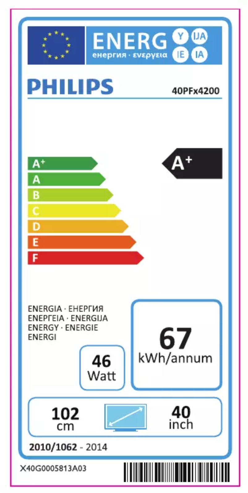 Page 1 de la notice Label énergétique Philips 40PFH4200