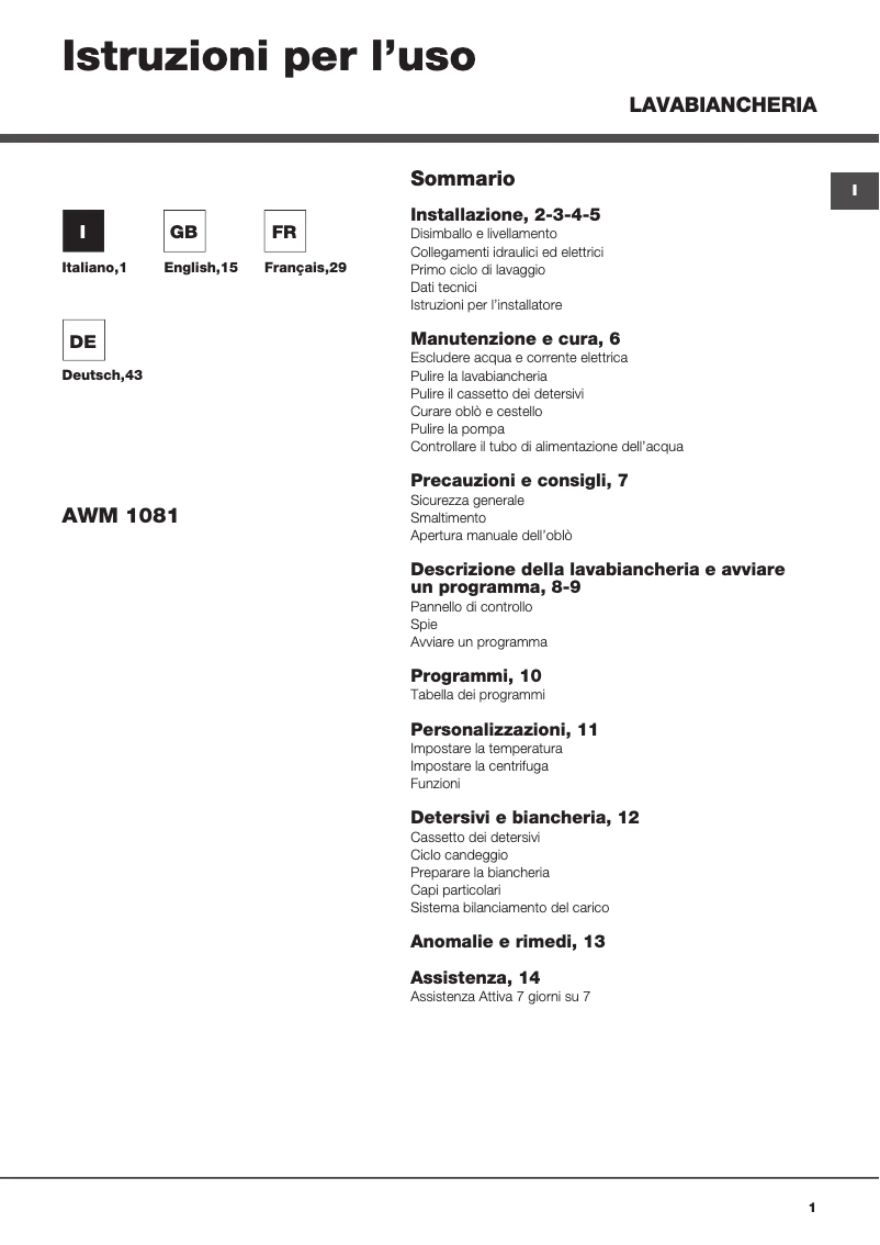 Page n°1 - Manuel utilisateur Hotpoint AWM 1081 EU