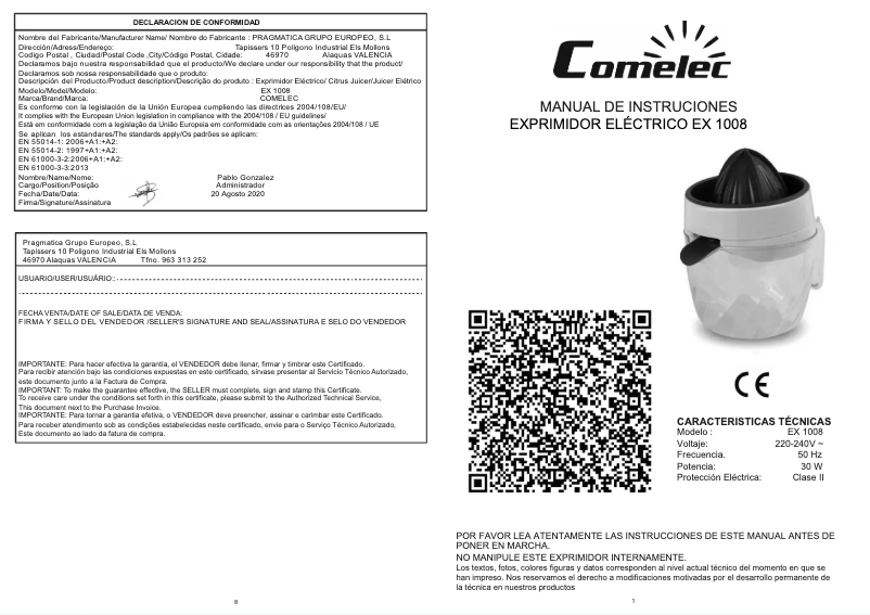 Image de la première page du manuel de l'appareil EX 1008