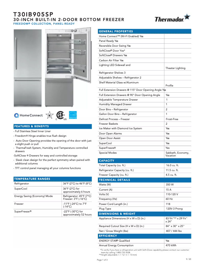 Page 1 de la notice Fiche technique Thermador T30IB905SP