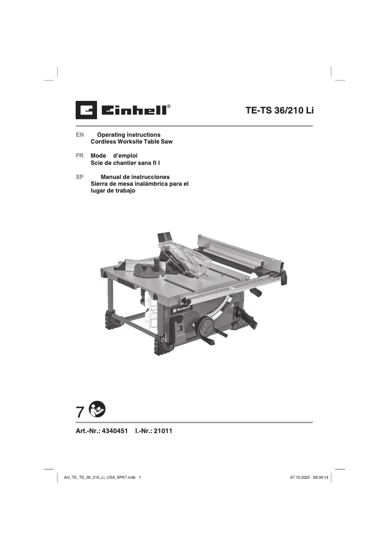 Page 1 de la notice Manuel utilisateur Einhell TE-TS 36/210 Li
