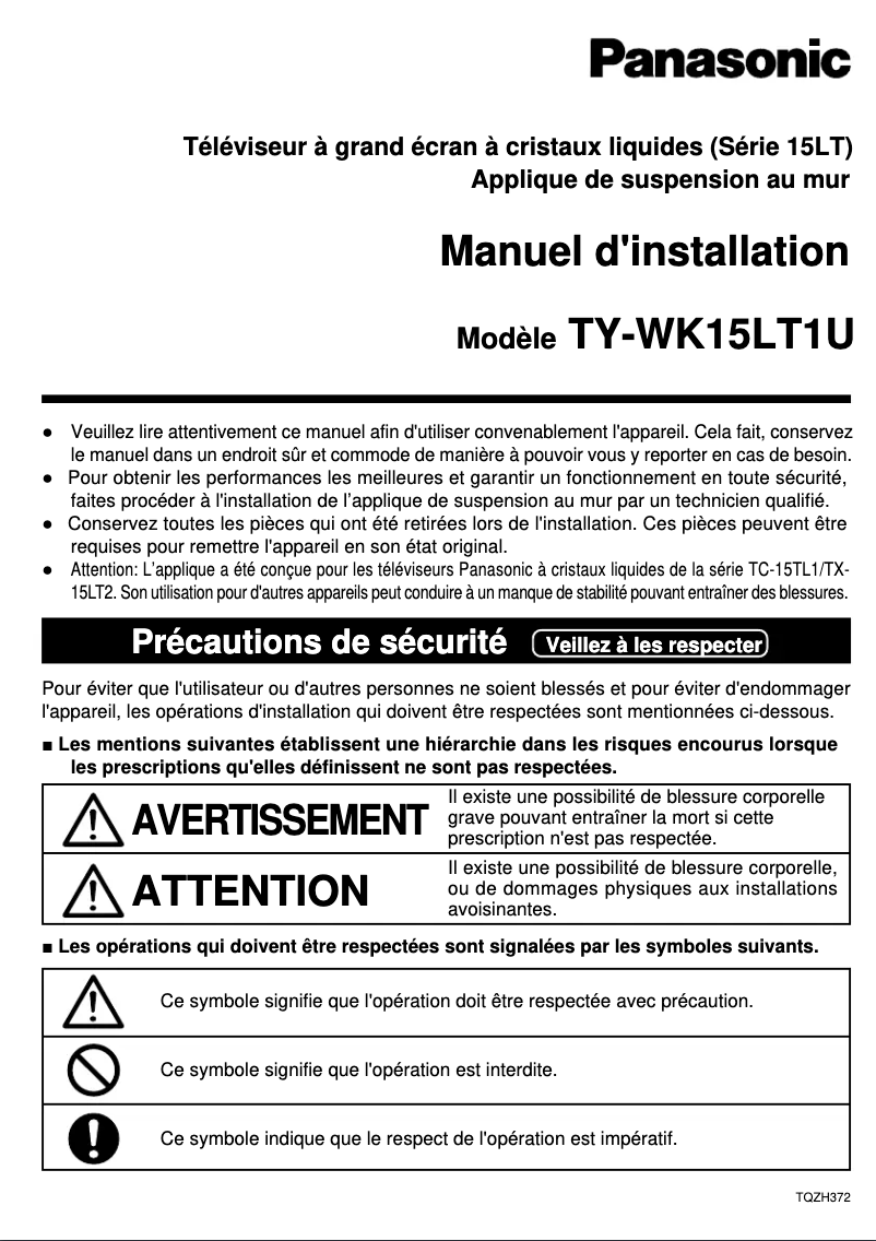 Page 1 de la notice Manuel utilisateur Panasonic TY-WK15LT1U