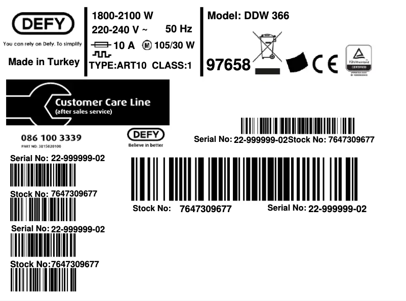 Page 1 de la notice Label énergétique Defy DDW 366