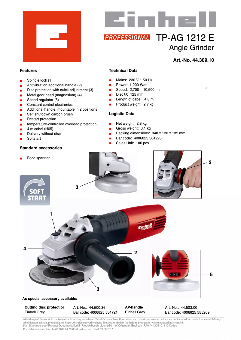 Page n°1 - Fiche technique Einhell TP-AG 1212 E