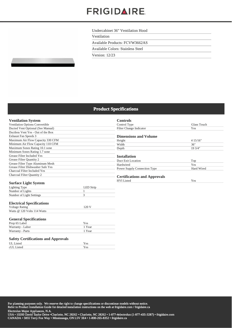 Page n°1 - Fiche technique Frigidaire FCVW3662AS