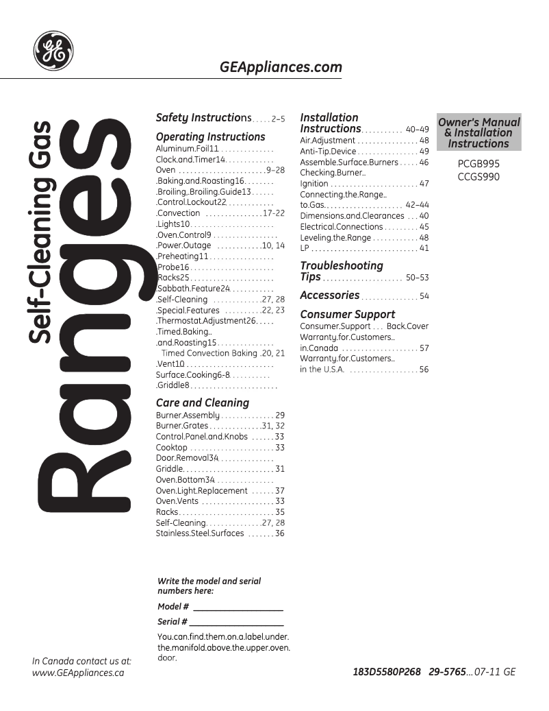 Page n°1 - Manuel utilisateur GE PCGB995SETSS