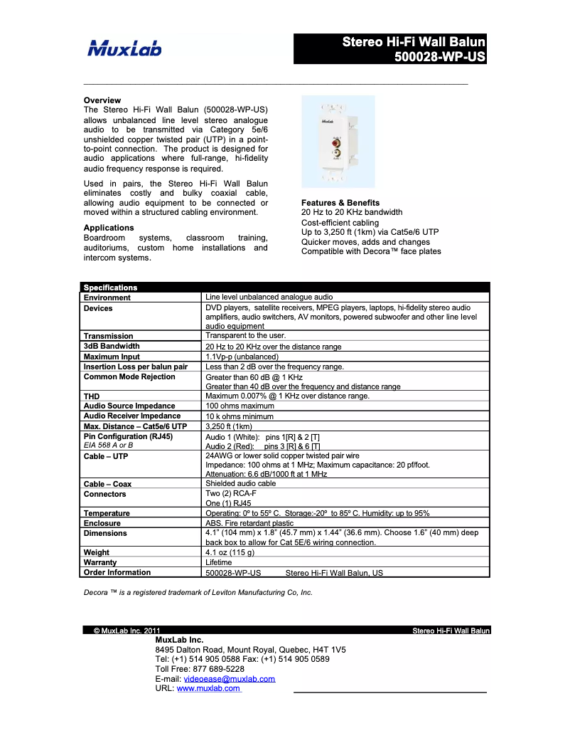 Image de la première page du manuel de l'appareil Stereo Hi-Fi Wall Balun