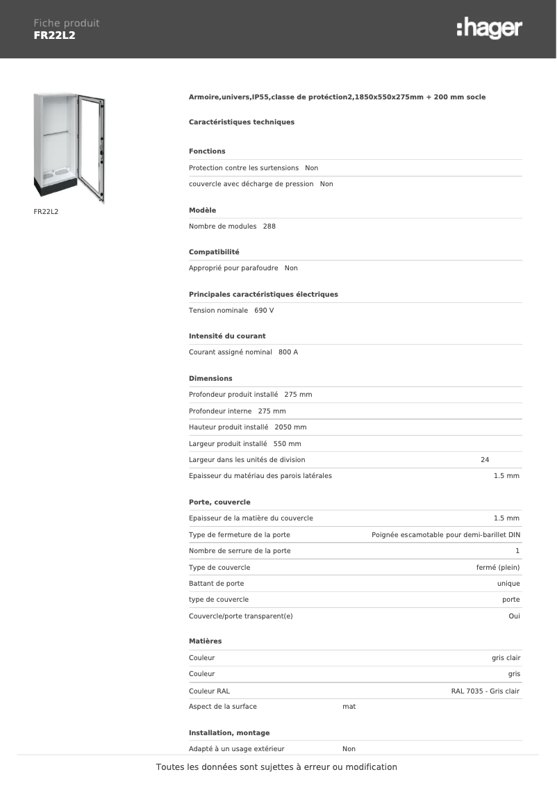 Page n°1 - Fiche technique Hager FR22L2