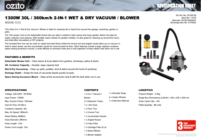 Página 1 del manual Ficha técnica Ozito WDVB-1312