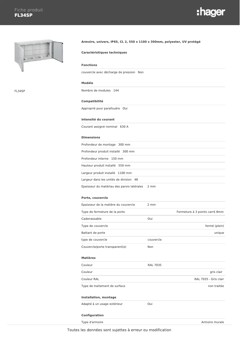 Page 1 de la notice Manuel utilisateur Hager FL34SP